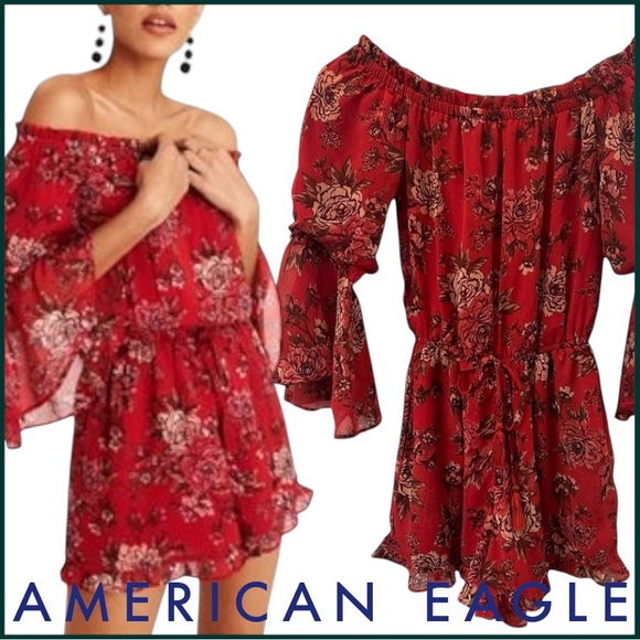 American Eagle Outfitters Red Floral Off Shoulder Roper (XXS) - Picture 1 of 12